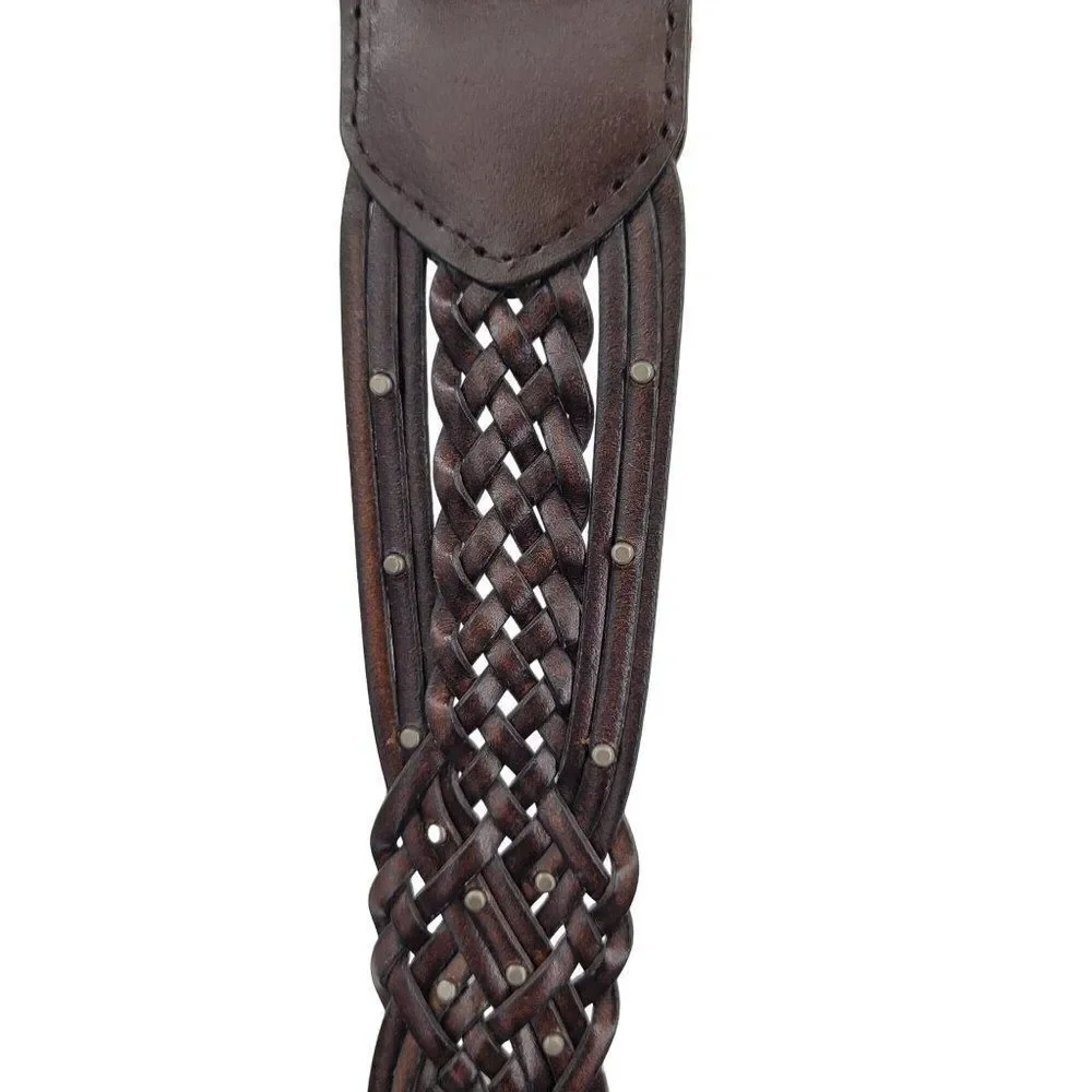Esprit Womens Belt L Dark Brown Wicker Woven Braided‎ Silver Buckle Studded